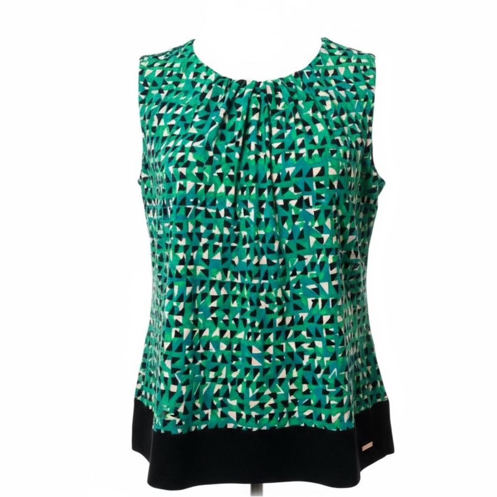 Calvin Klein Top Green/Teal/Black Bordered Pleated Neck Sleeveless EUC Size Sm - Picture 9 of 13
